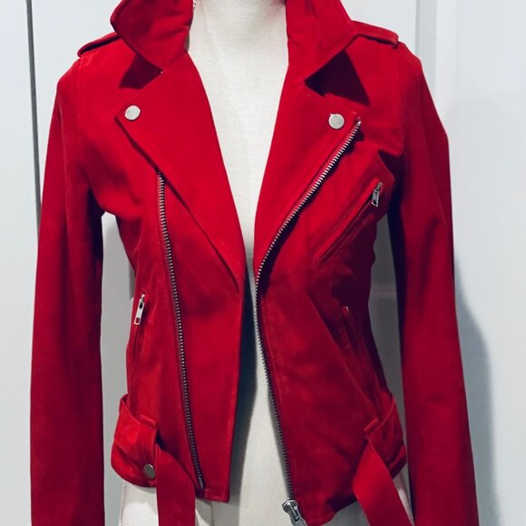 EACHOTHER CHERRY RED SUEDE MOTO JACKET - SIZE 38 - Picture 6 of 9